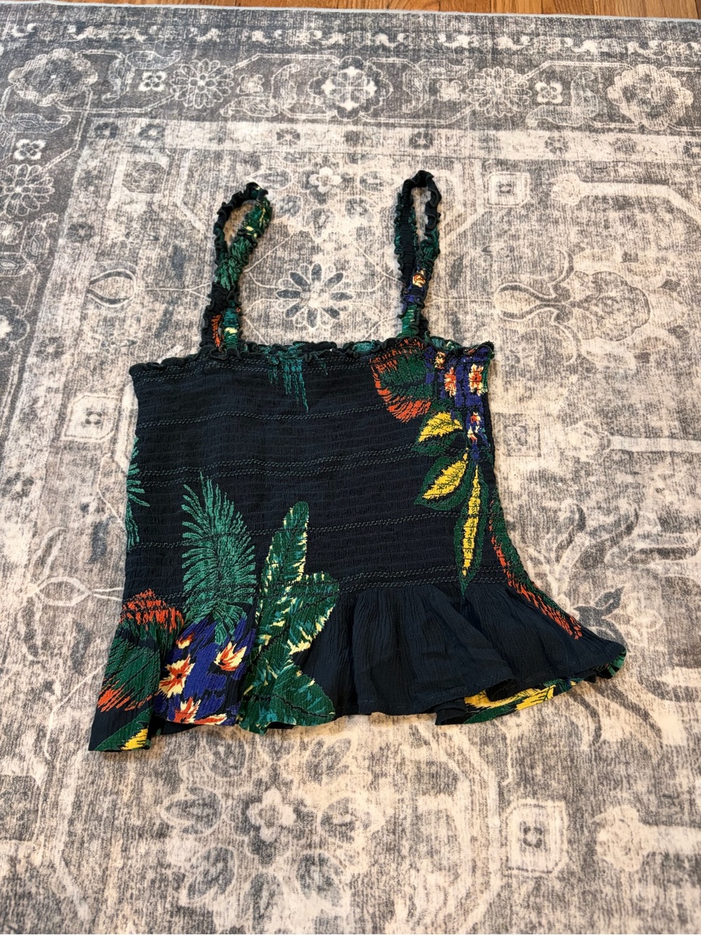 Patrons of Peace Navy Tropical Smocked Tank with Green and Yellow Leaf Print